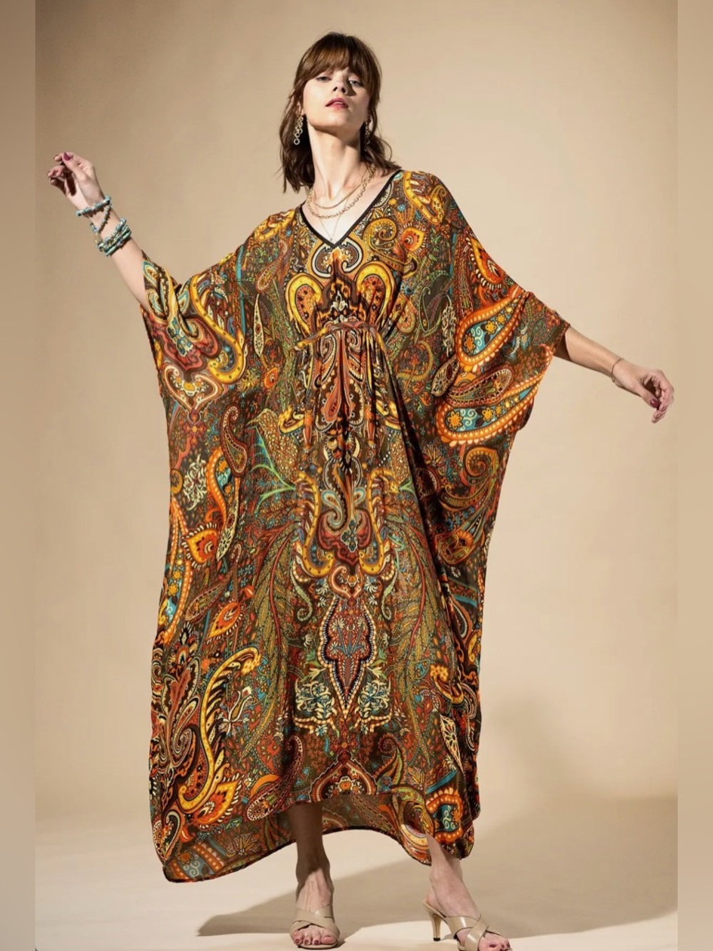 Saffron Terra Bohemian Paisley Caftan Dress in Multi-Color